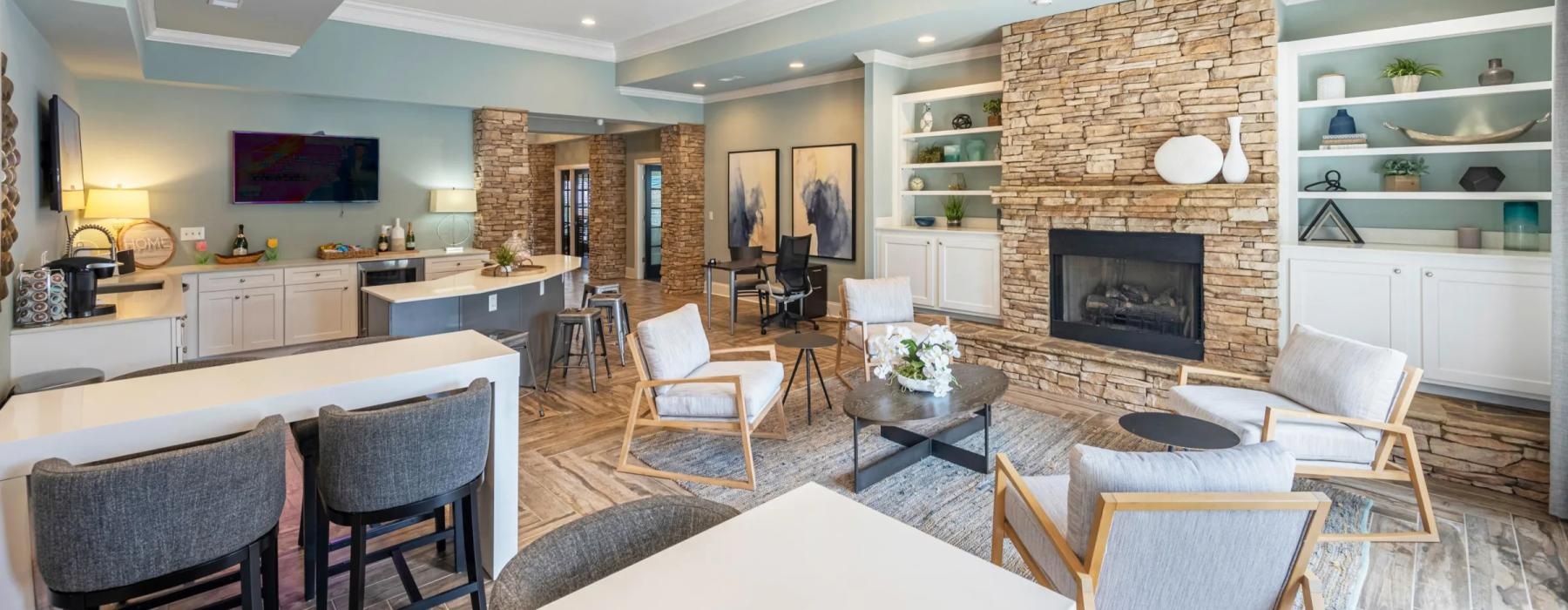 a large living room with a fireplace