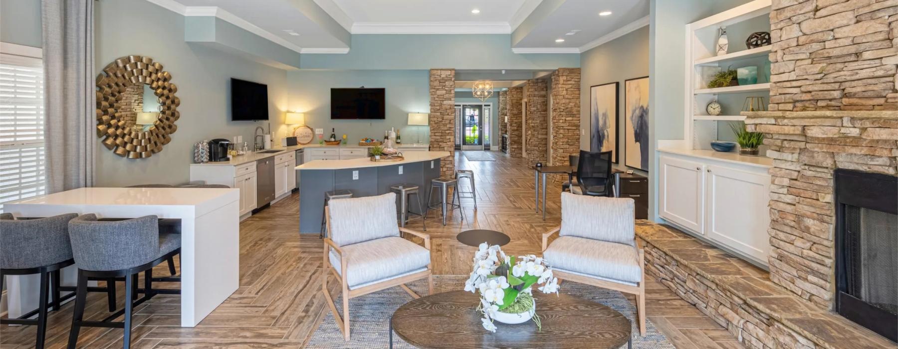 a large living room with a fireplace